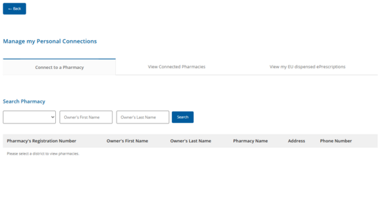 Figure 8.2.0.17: Screen for Pharmacy Registration and Viewing of Cross-Border Dispensed Prescriptions.