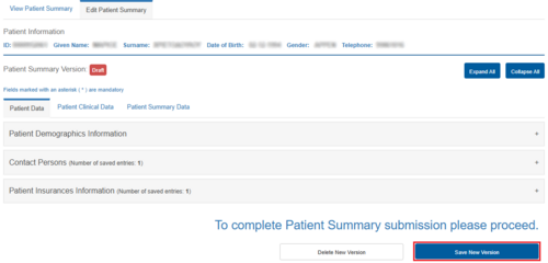 Figure 6.11: Saving a Version of the Patient Summary Health Record.