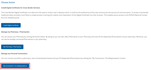 Figure 8.2.0.16: Selection of the “Connect to Pharmacy / EU Dispensed ePrescriptions” Button.