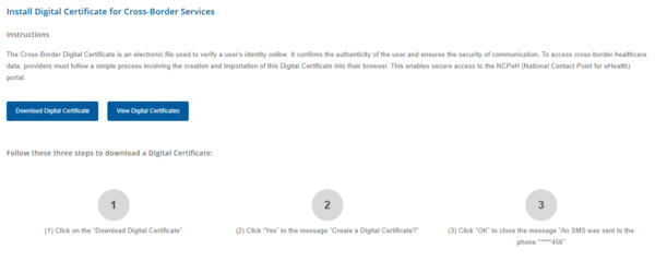 Figure 8.1.0: Instructions for Installing the Digital Certificate for Cross-Border eHealth Services.