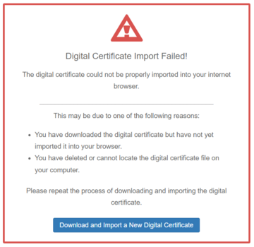 Figure 8.1.8: Digital Certificate Installation Failed.